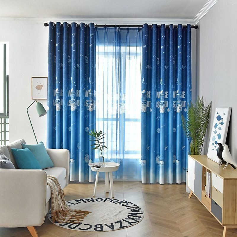 Rideau Occultant Imprimé Dessin Animé Bleu Espace Extra-Atmosphérique, Sur Mesure, Pour Chambre D'Enfant Ou De Garçon