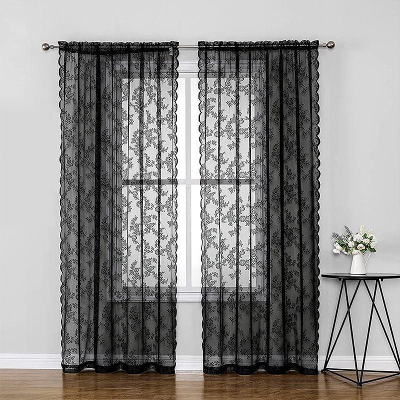 Rideaux En Dentelle Transparente Noire À Motif Floral Pour Le Salon