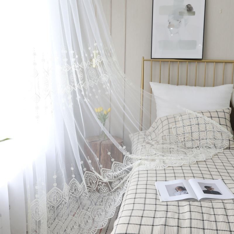 Rideau Transparent Simple Sur Mesure, Blanc, Broderie Assortie, Pour Salon