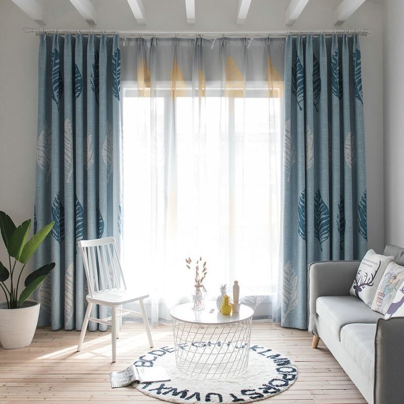 Rideau Occultant À Motif De Feuilles Bleues, Sur Mesure, Moderne Et Minimaliste.