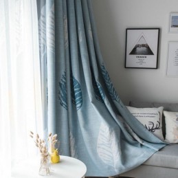 Rideau Occultant À Motif De Feuilles Bleues, Sur Mesure, Moderne Et Minimaliste.