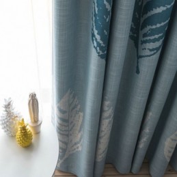 Rideau Occultant À Motif De Feuilles Bleues, Sur Mesure, Moderne Et Minimaliste.