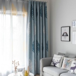 Rideau Occultant À Motif De Feuilles Bleues, Sur Mesure, Moderne Et Minimaliste.