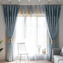 Rideau Occultant À Motif De Feuilles Bleues, Sur Mesure, Moderne Et Minimaliste.