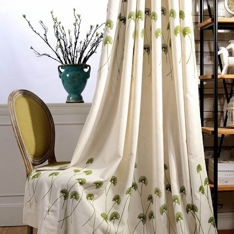 Rideau Moderne Sur Mesure En Coton Et Lin Avec Broderie De Feuilles Fraîches