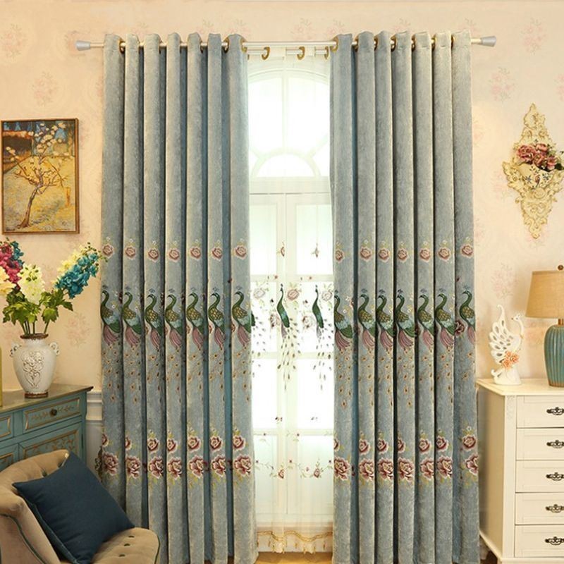 Rideau Occultant En Chenille Sur Mesure Avec Broderie De Paon Et Fleurs