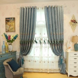 Rideau Occultant En Chenille Sur Mesure Avec Broderie De Paon Et Fleurs