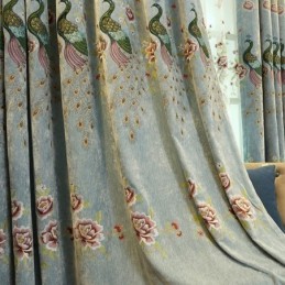 Rideau Occultant En Chenille Sur Mesure Avec Broderie De Paon Et Fleurs