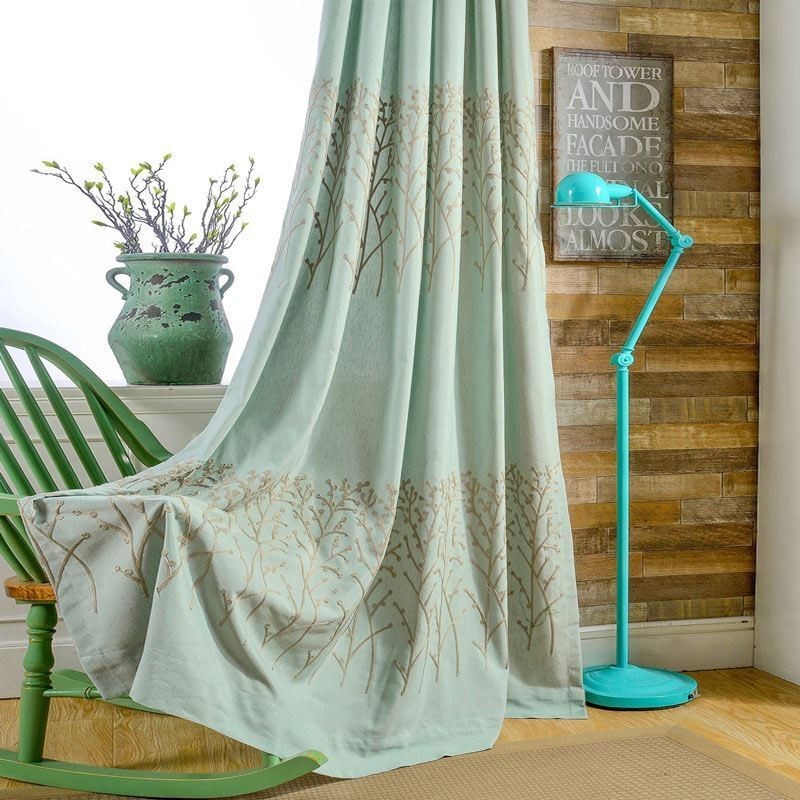 Rideau Américain Simple Sur Mesure, Broderie Verte, Tissu Respirant