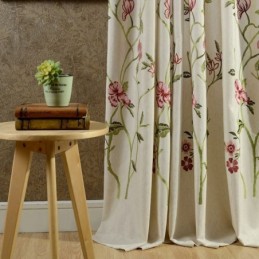 Rideau Occultant Moderne En Lin Sur Mesure, Motif Minimaliste Brodé De Fleurs Rouges