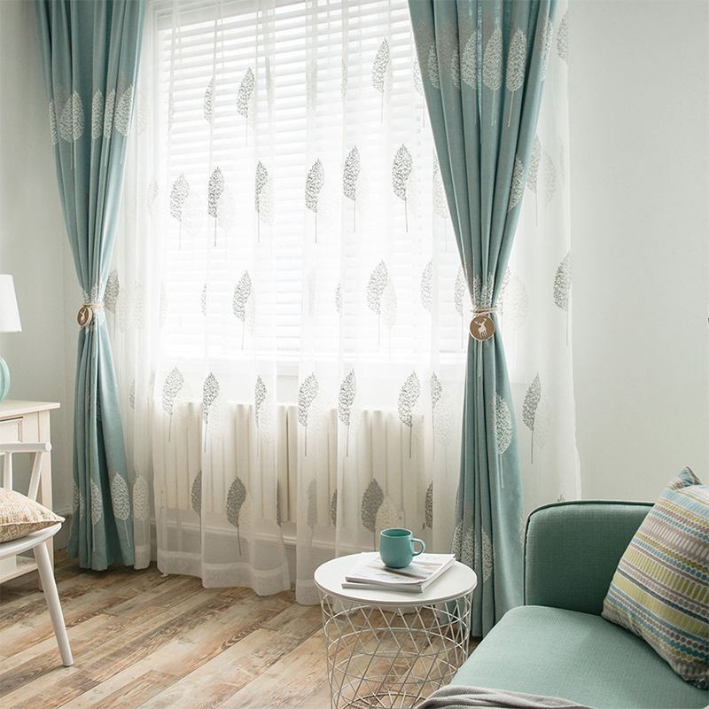 Rideau Nordique Sur Mesure En Coton Et Lin Avec Broderie De Feuilles Minimalistes