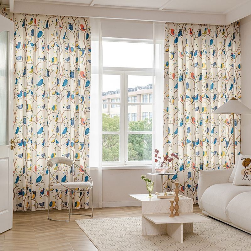 Rideau De Style Nordique Sur Mesure En Coton Imprimé Oiseaux
