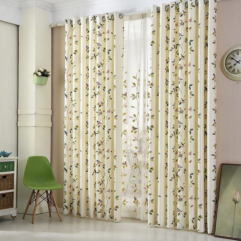 Rideaux En Velours Style Américain Imprimé Feuilles Et Oiseaux
