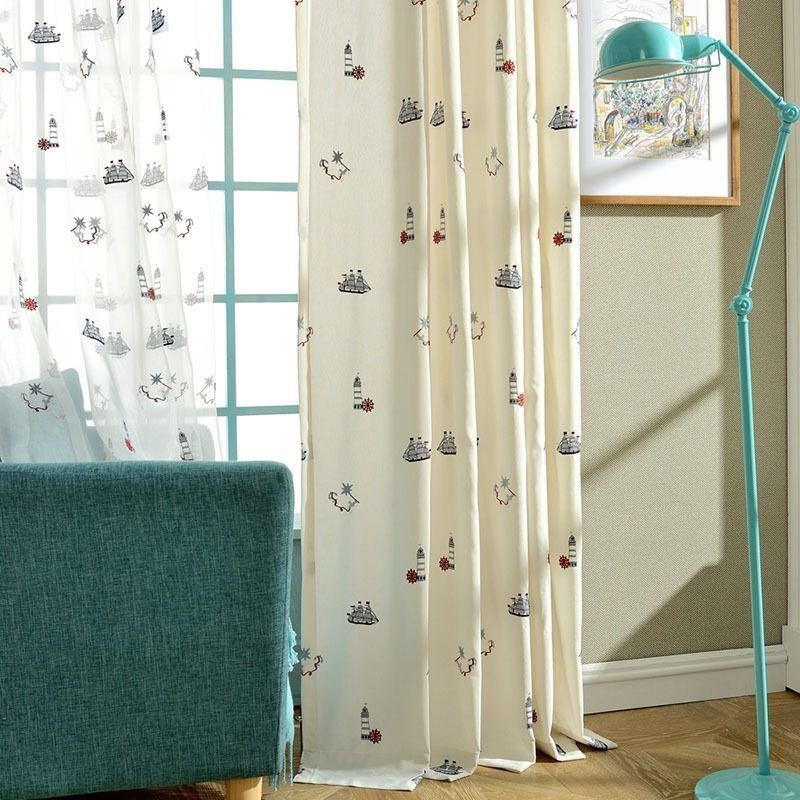 Rideau Occultant En Coton Style Enfant Sur Mesure Voile De Rideau Phare Brodé