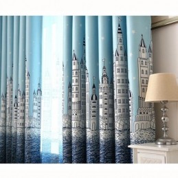 Rideau Bleu Imprimé Château, Rideau Sur Mesure, Tissu Nordique Populaire Pour Chambre D'Enfant