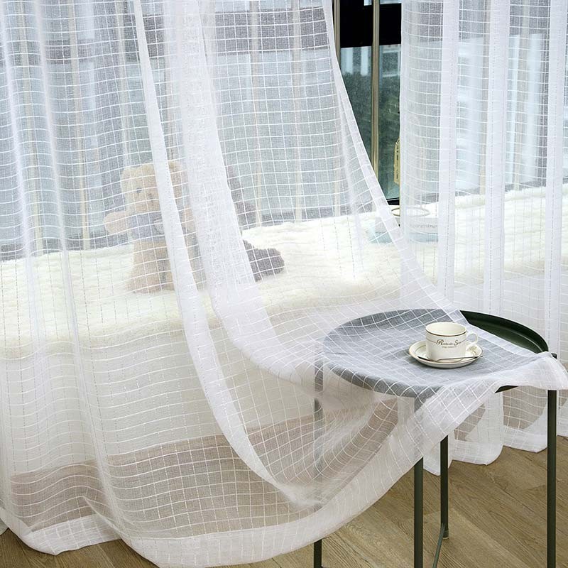 Rideau Transparent Simple Nordique Fait Sur Mesure, Tissu Jacquard À Carreaux Blancs Pour Salon Et Chambre À Coucher
