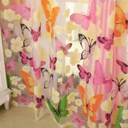 Rideau Transparent Romantique Rural Sur Mesure, Imprimé Papillons Colorés, Tissu Respirant Et Respectueux De L'Environnement