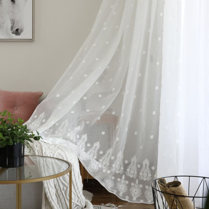 Rideau Transparent Respirant Sur Mesure, Blanc, Broderie Assortie, Pour Salon