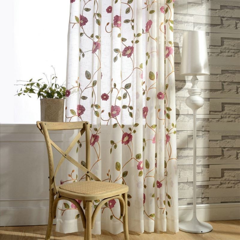 Rideau En Voile Minimaliste Moderne Sur Mesure, Panneau De Rideau En Lin Transparent Avec Broderie De Feuilles Roses