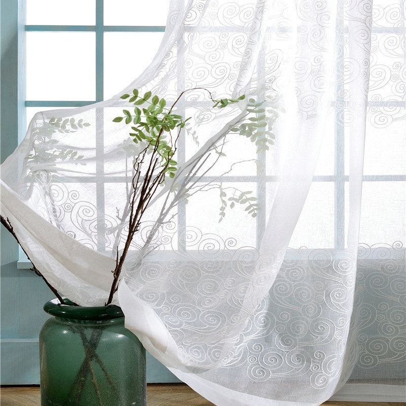 Rideau Transparent De Style Japonais, Fabriqué Sur Mesure, Simple, Broderie Nuage, Traitement De Fenêtre