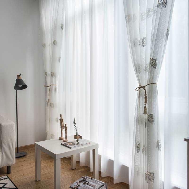 Rideau Transparent Simple Nordique Fait Sur Mesure, Motif Feuilles Rurales, Broderie Blanche, Tissu Pour Chambre À Coucher Et Salon