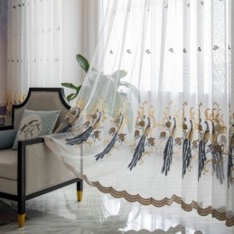 Rideau En Tulle Brodé Paon Sur Mesure, Voile Transparent De Luxe Européen Pour Salon