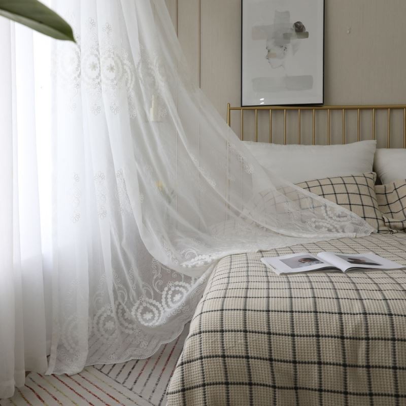 Rideau Transparent Respirant Sur Mesure, Blanc, Broderie Assortie, Pour Salon