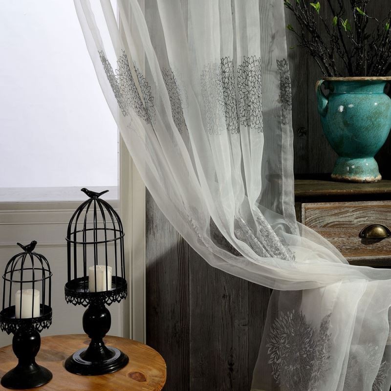 Rideau Transparent Respirant Sur Mesure Avec Broderie En Grappes De Fleurs Pour Salon