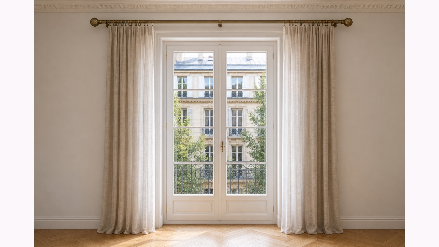 Fenêtre française avec une tringle complète, trois supports visibles et deux rideaux ouverts