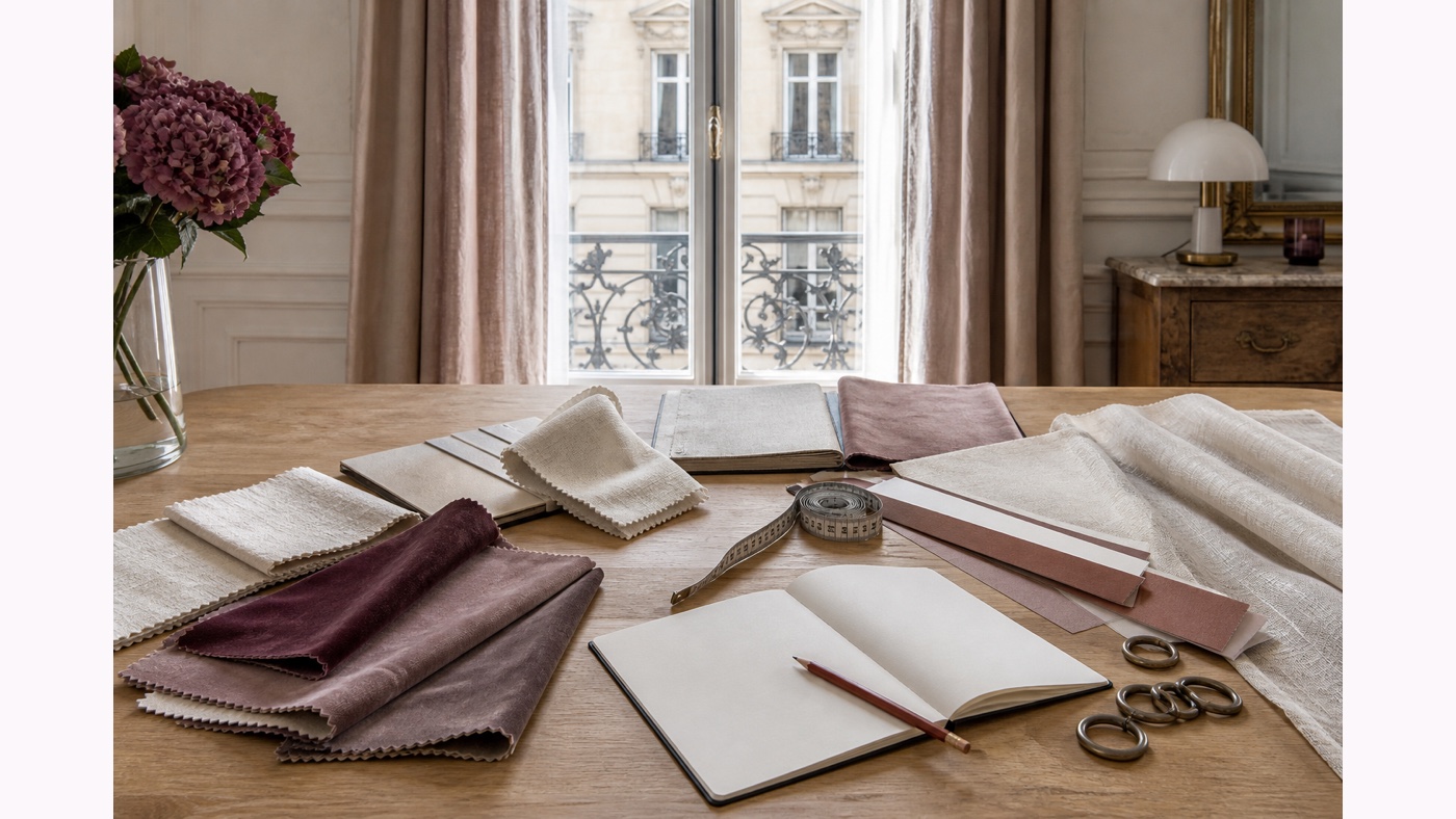 Échantillons, outils et accessoires préparant un projet de rideaux
